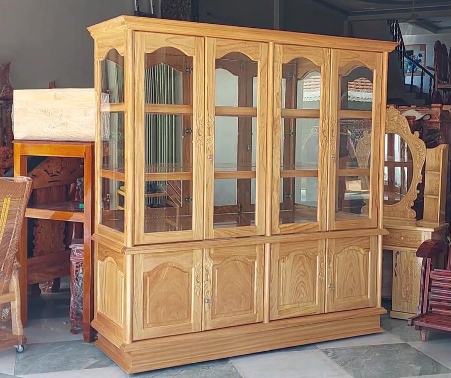 Cửa hàng tủ rượu quận 5 chất lượng uy tín Ngăn treo ly và ngăn chứa rượu bên trong tủ gỗ tự nhiên