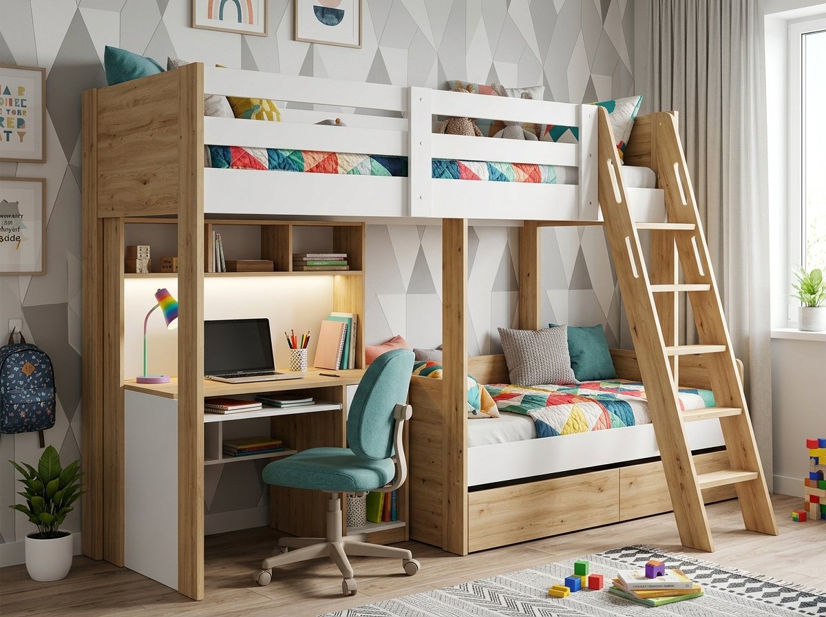 Giường tầng kèm bàn học gỗ sồi tự nhiên cho bé trai