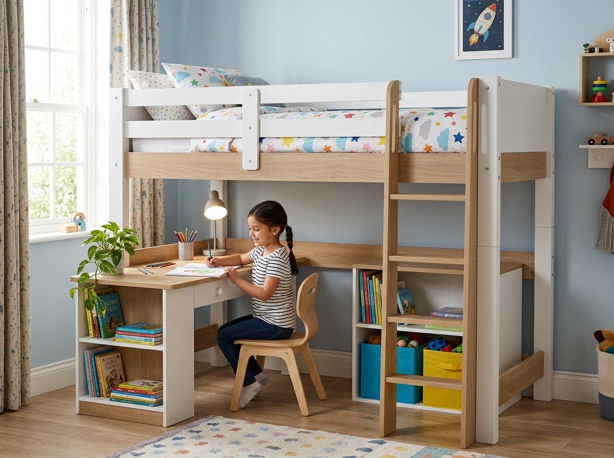 Giường tầng kèm bàn học gỗ sồi tự nhiên cho bé trai