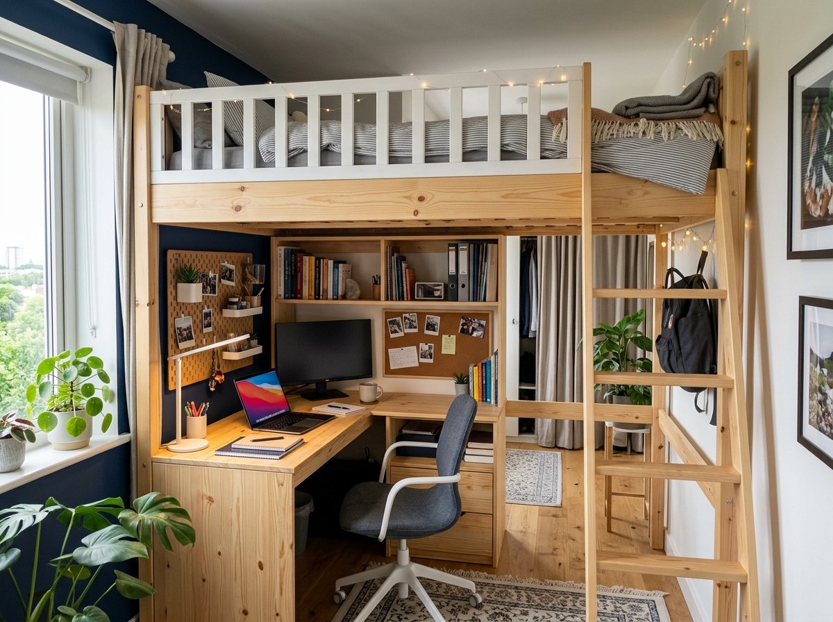 Giường tầng người lớn có bàn học