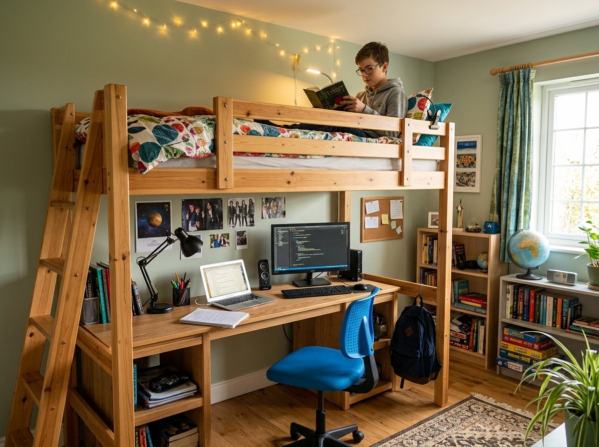 Giường tầng người lớn có bàn học