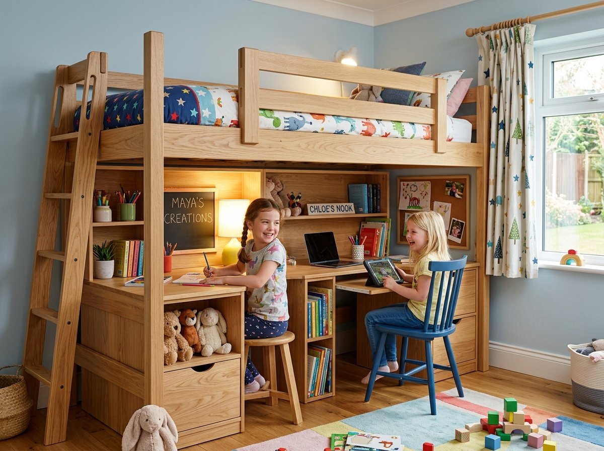Giường tầng trẻ em có bàn học,