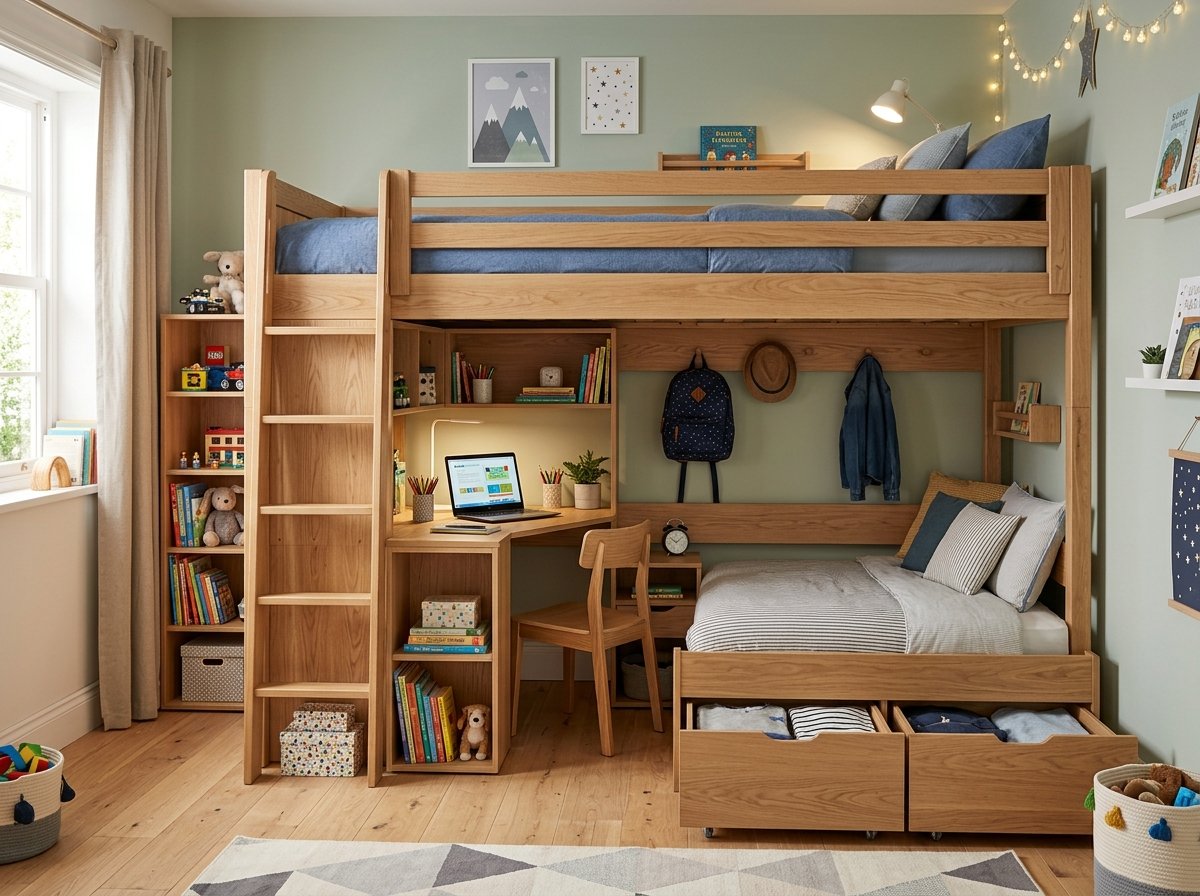 Giường tầng trẻ em có bàn học,