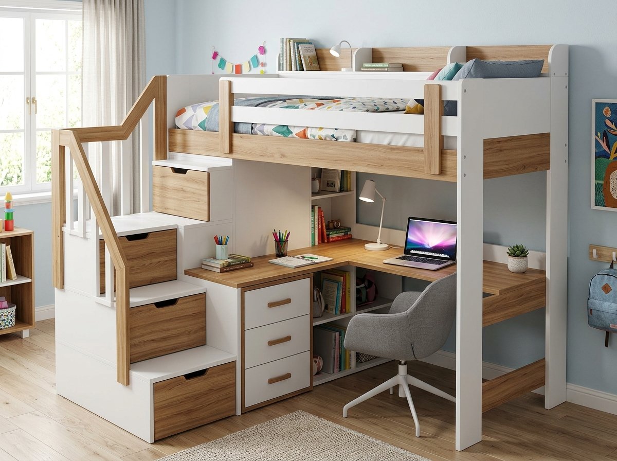 Giường tầng kèm bàn học và kệ sách cho phòng nhỏ