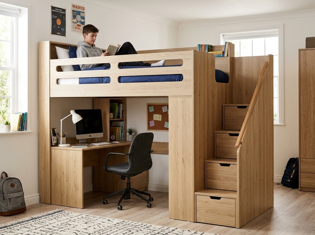Giường tầng người lớn có bàn học bên dưới gỗ công nghiệp