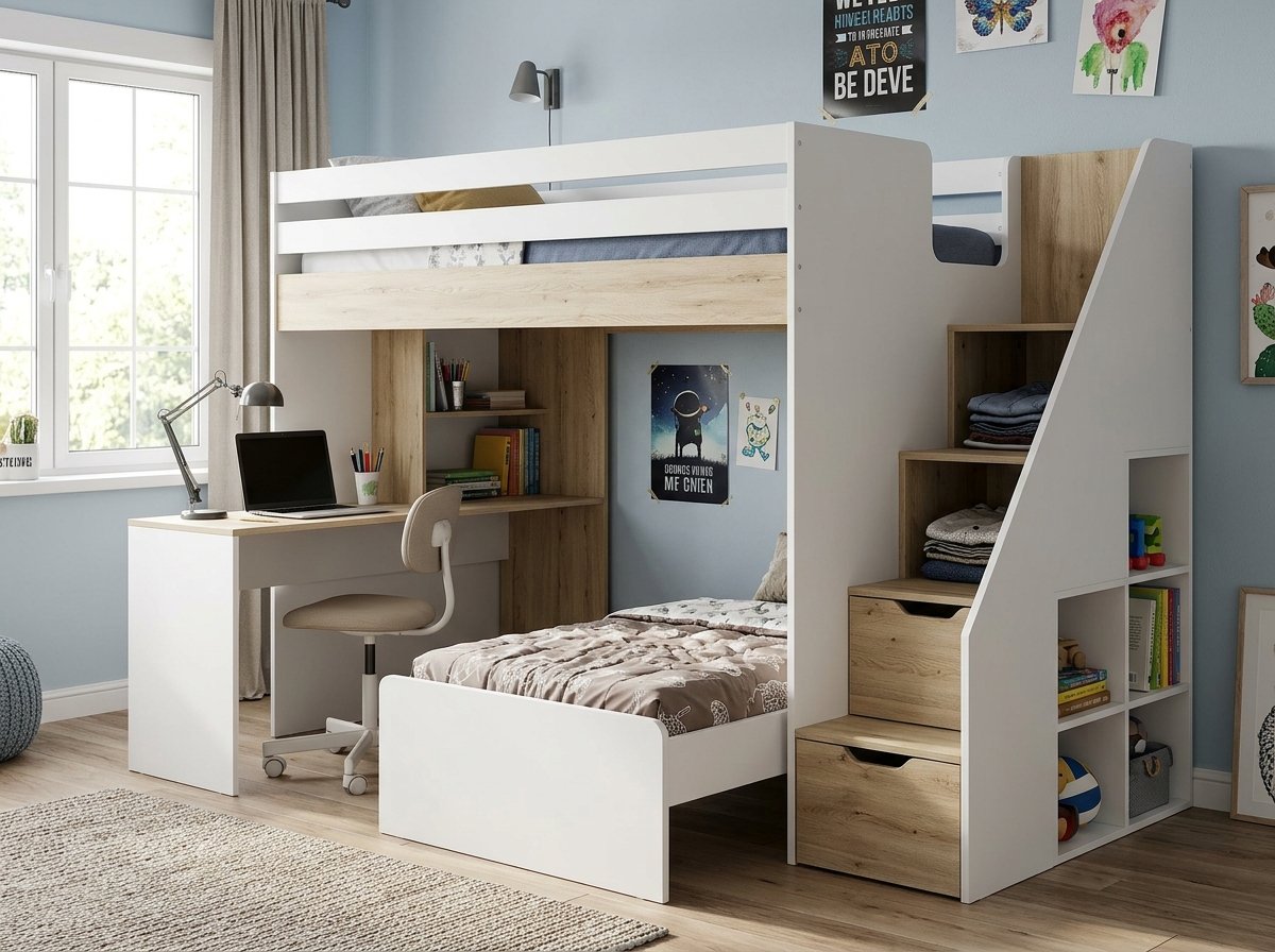 Giường tầng người lớn có bàn học bên dưới gỗ công nghiệp