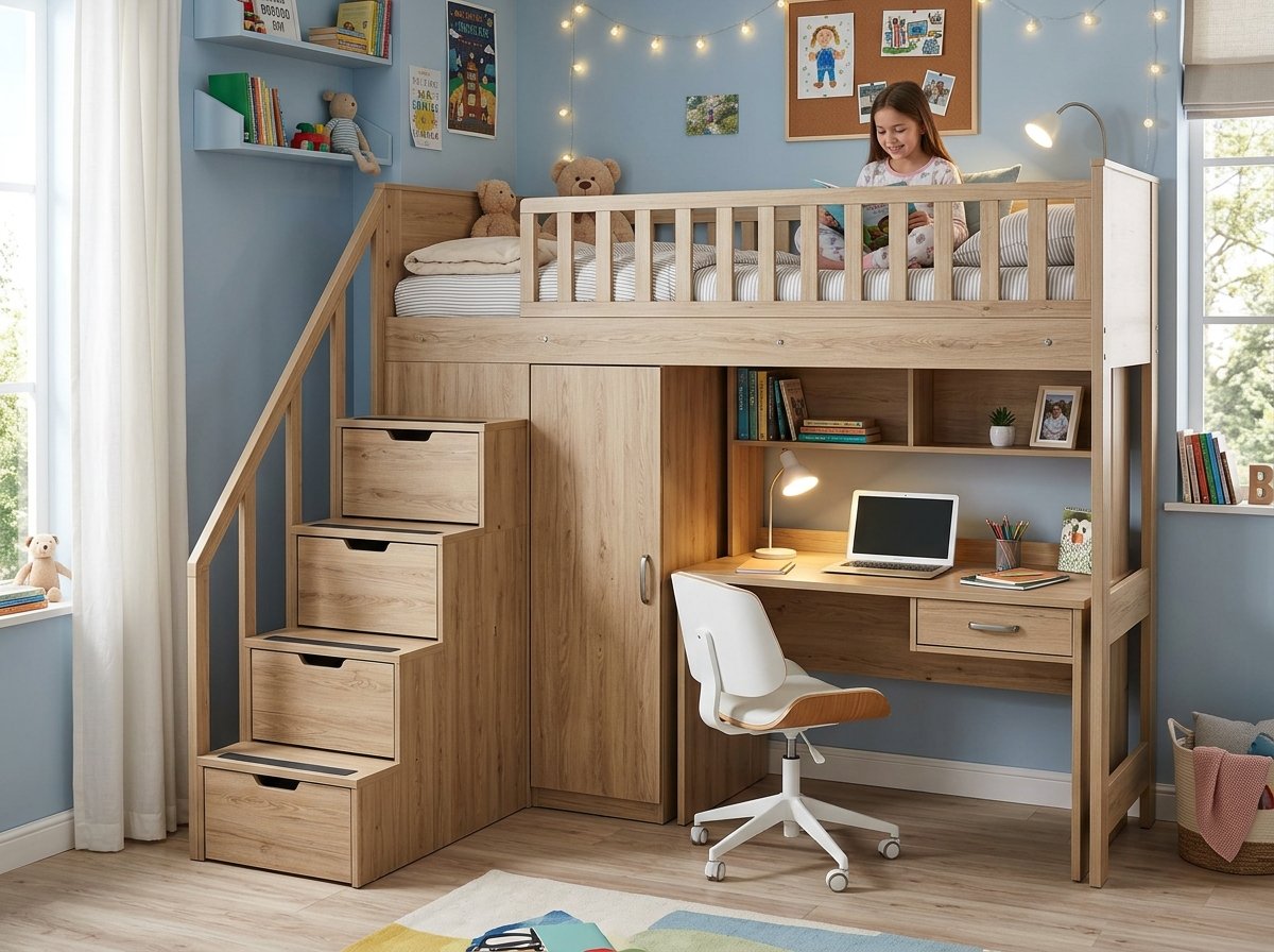 Giường tầng trẻ em kèm bàn học và tủ quần áo đa năng