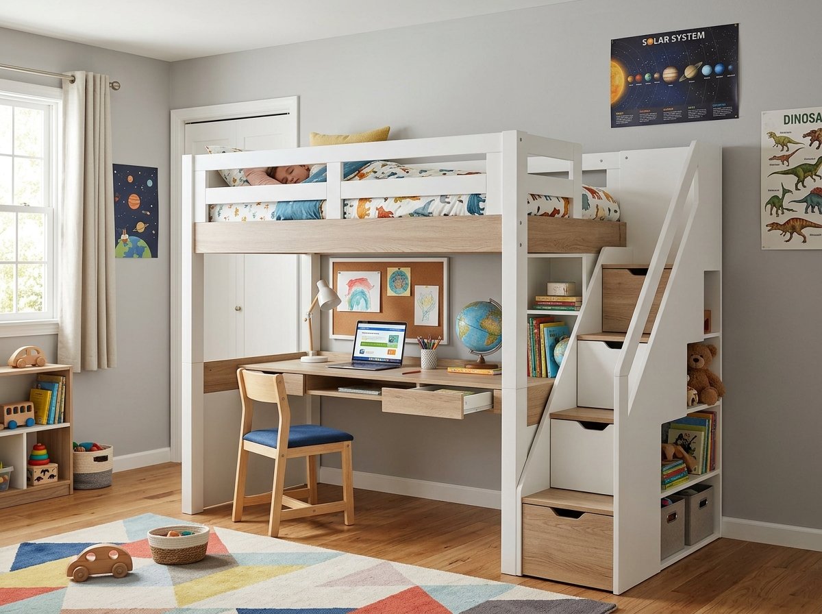 Giường tầng trẻ em kèm bàn học và tủ quần áo đa năng