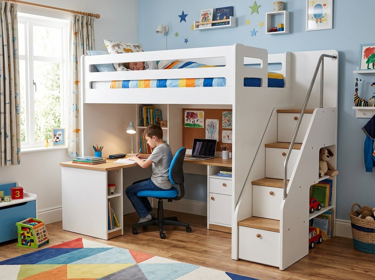 Mẫu giường 2 tầng có bàn học liền kề màu trắng hiện đại