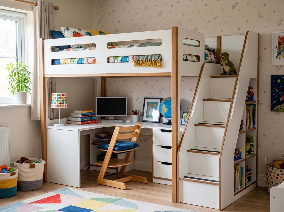 Mẫu giường 2 tầng có bàn học liền kề màu trắng hiện đại