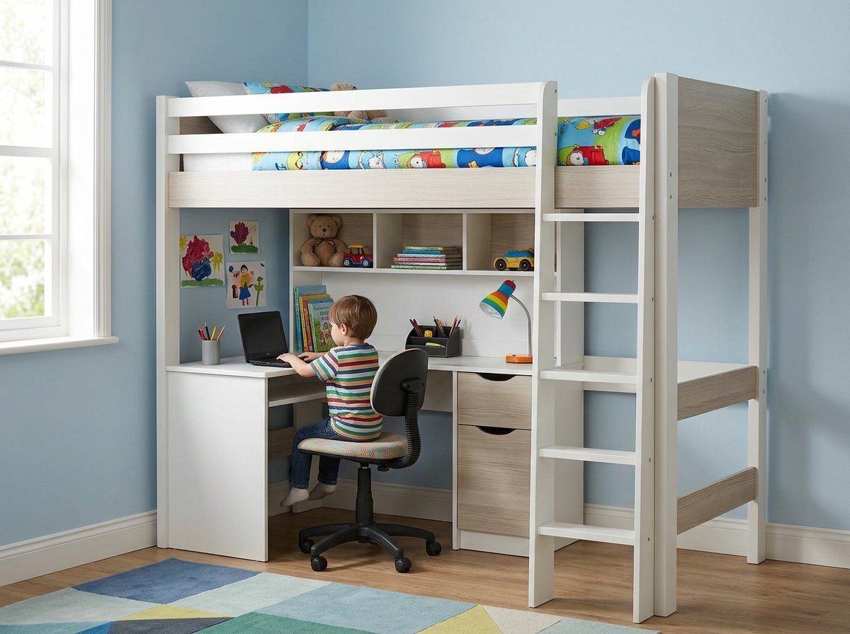 Mẫu giường 2 tầng có bàn học liền kề màu trắng hiện đại