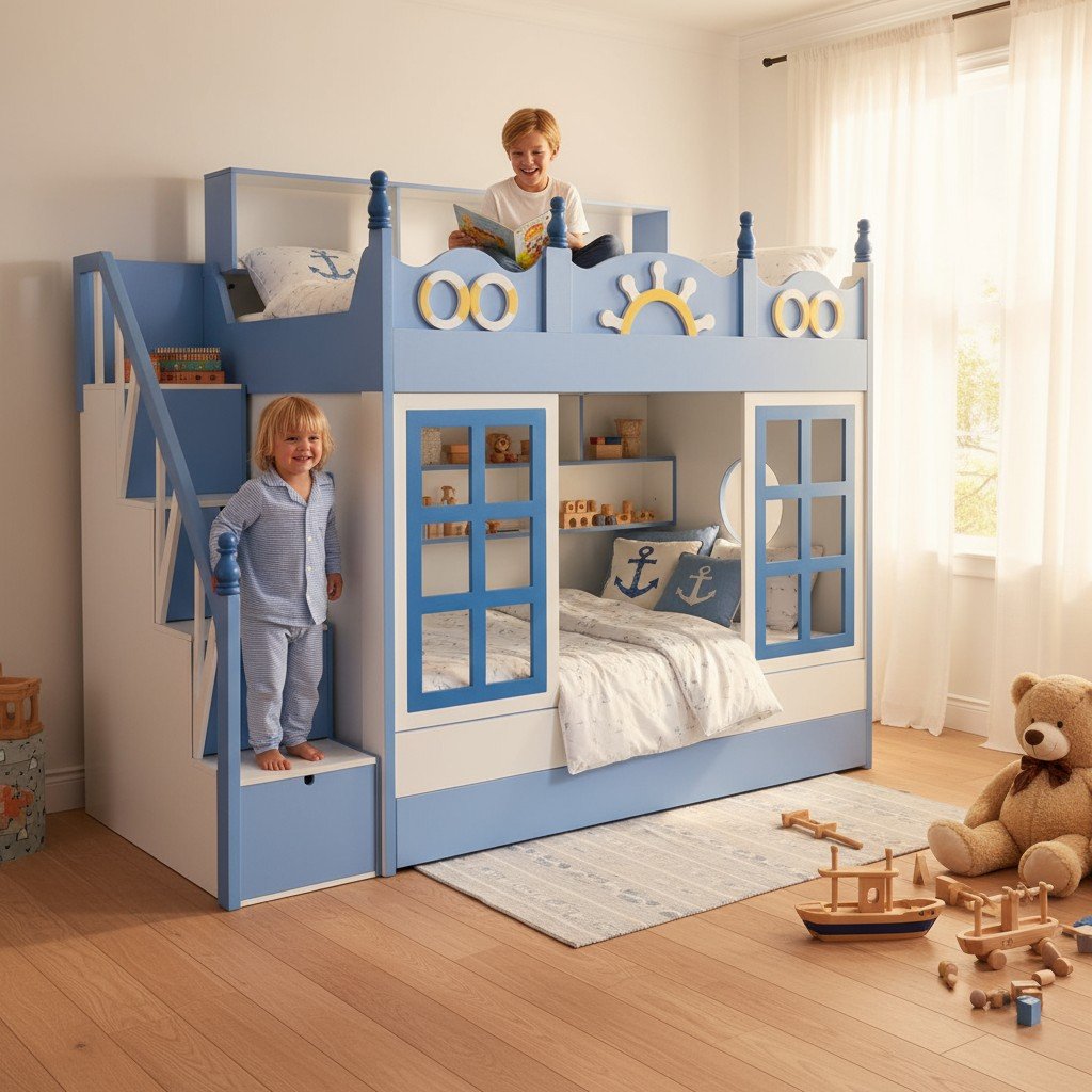 Giường tầng hình ngôi nhà cho bé gái với cửa sổ nhỏ và màu sắc đáng yêu