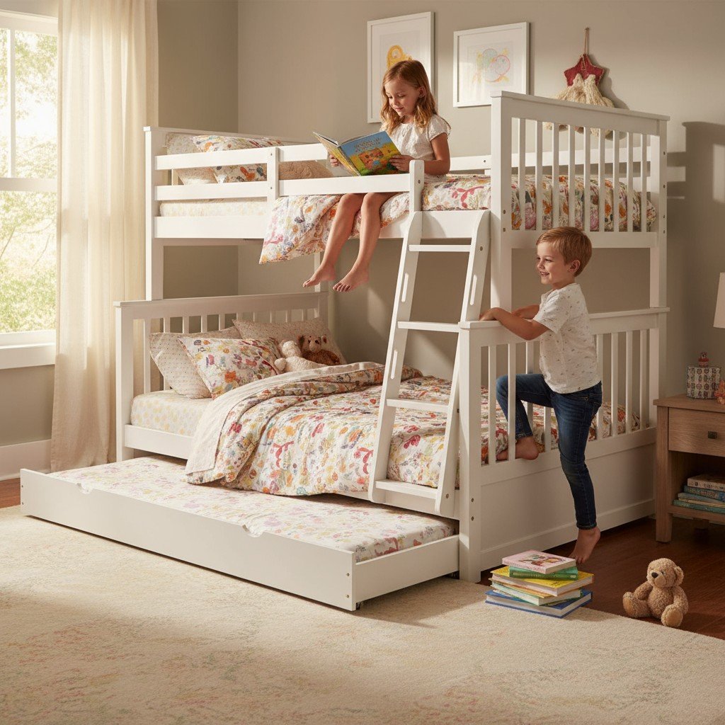Giường tầng trẻ em bé gái màu trắng kết hợp gỗ tự nhiên phong cách tối giản an toàn