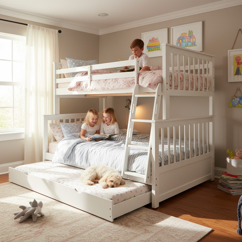 Giường tầng trẻ em bé gái màu trắng kết hợp gỗ tự nhiên phong cách tối giản an toàn