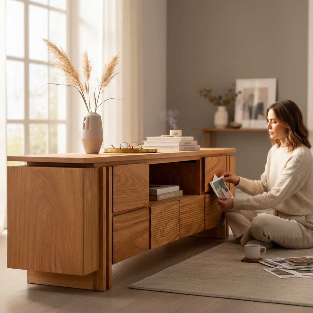 Kệ tivi phòng khách đẹp gỗ xoan đào tự nhiên thiết kế chữ L đa năng