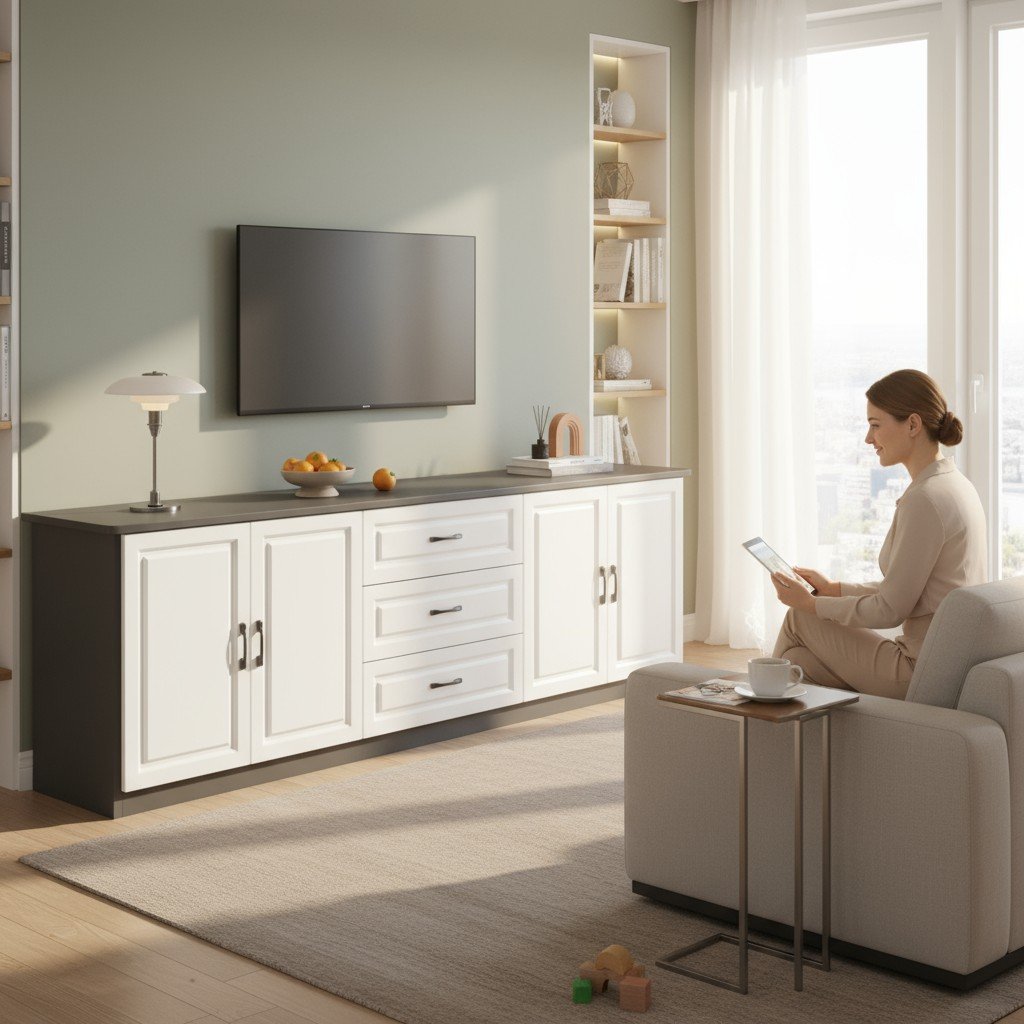 Kệ tivi phòng khách hiện đại màu trắng kết hợp gỗ sồi với nhiều ngăn lưu trữ