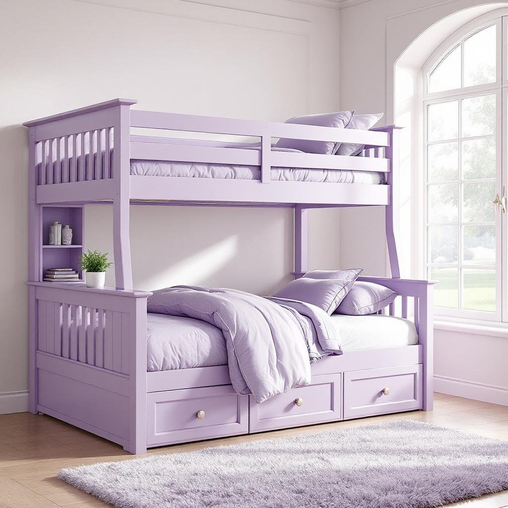 Phòng ngủ 2 bé gái sử dụng giường tầng màu tím lavender sang trọng với đầy đủ tiện ngh
