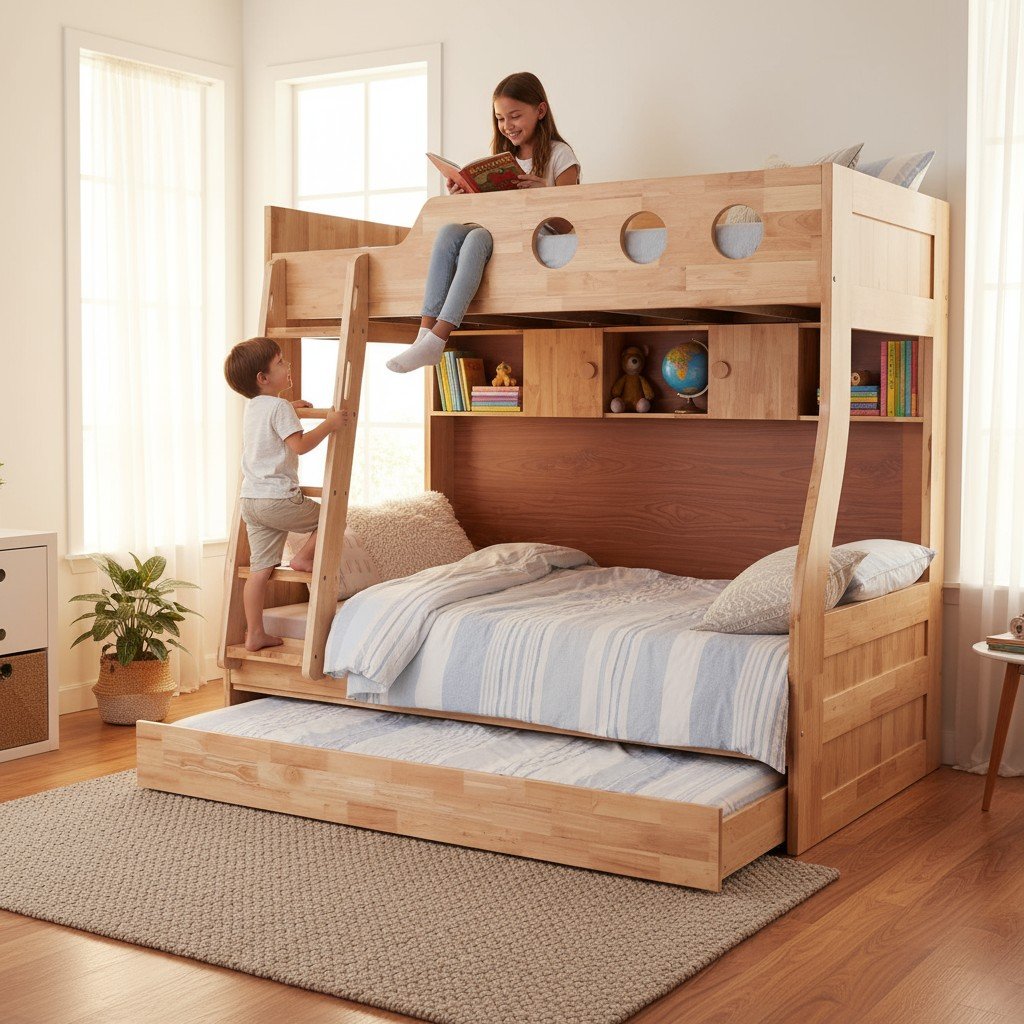 Phòng ngủ giường tầng cho bé gái màu hồng pastel hiện đại với tủ quần áo và bàn học tích hợp