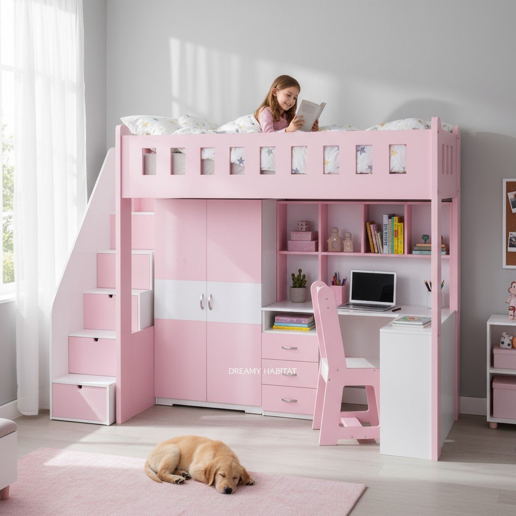 Thiết kế phòng ngủ giường tầng bé gái có bàn học thông minh tiết kiệm không gian