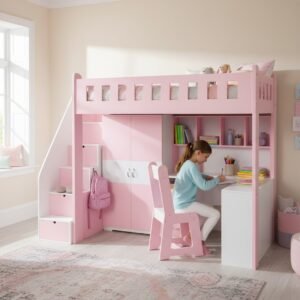 Thiết kế phòng ngủ giường tầng bé gái có bàn học thông minh tiết kiệm không gian