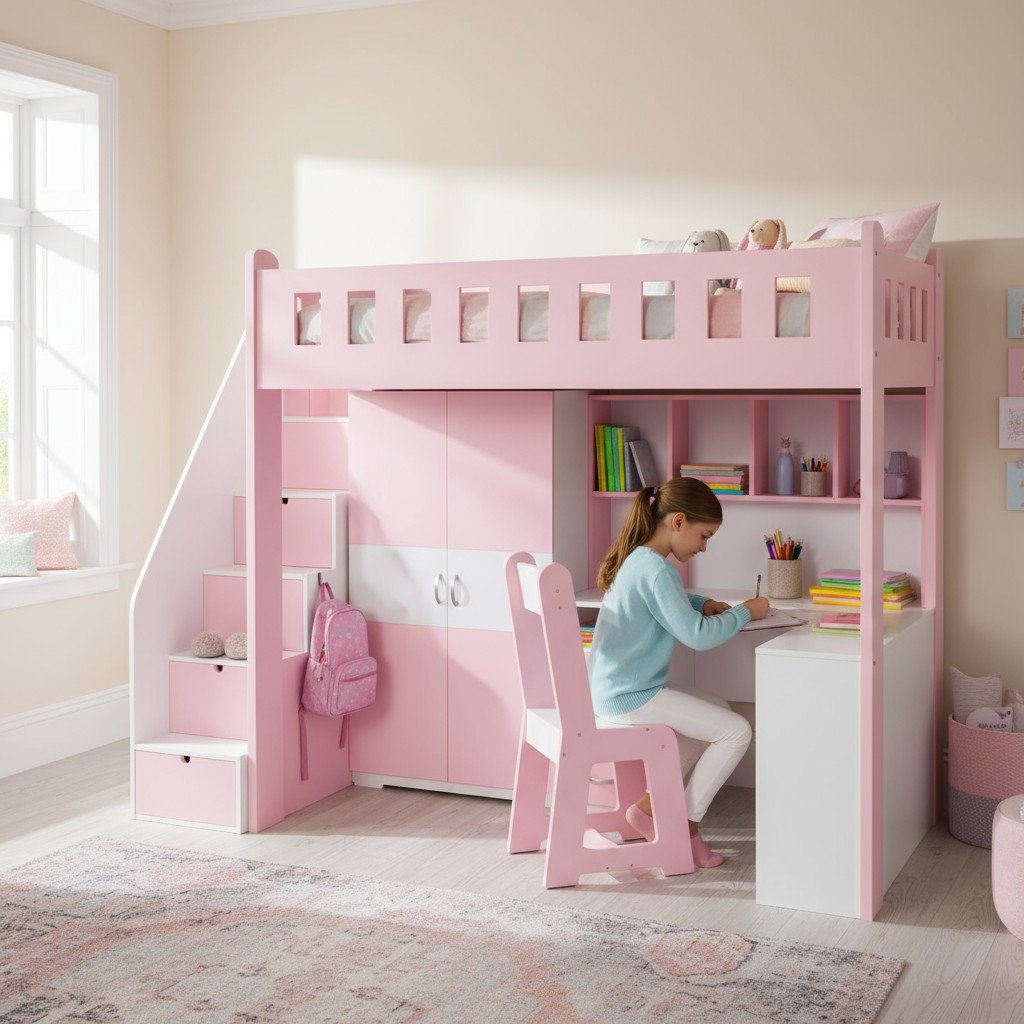 Thiết kế phòng ngủ giường tầng bé gái có bàn học thông minh tiết kiệm không gian