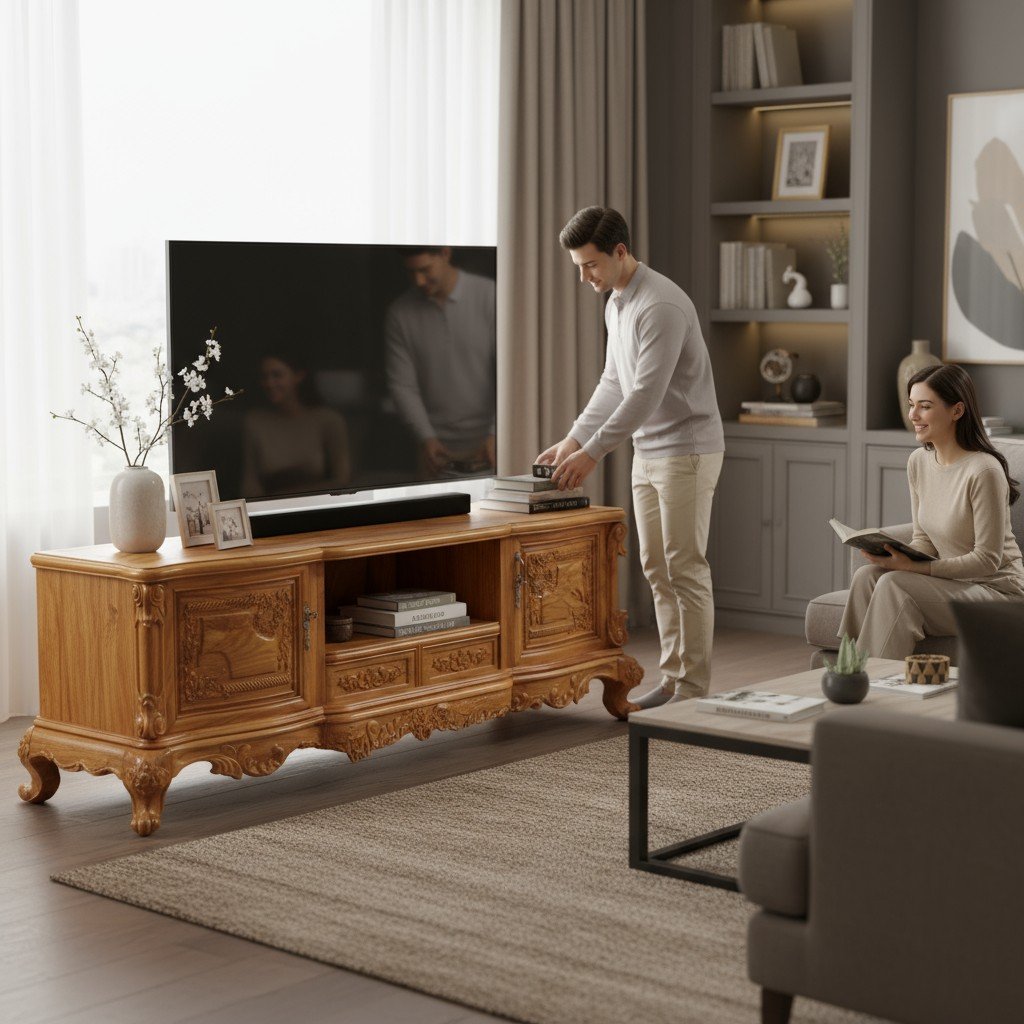 Tủ kệ tivi phòng khách đẹp kết hợp tủ rượu phong cách tân cổ điển