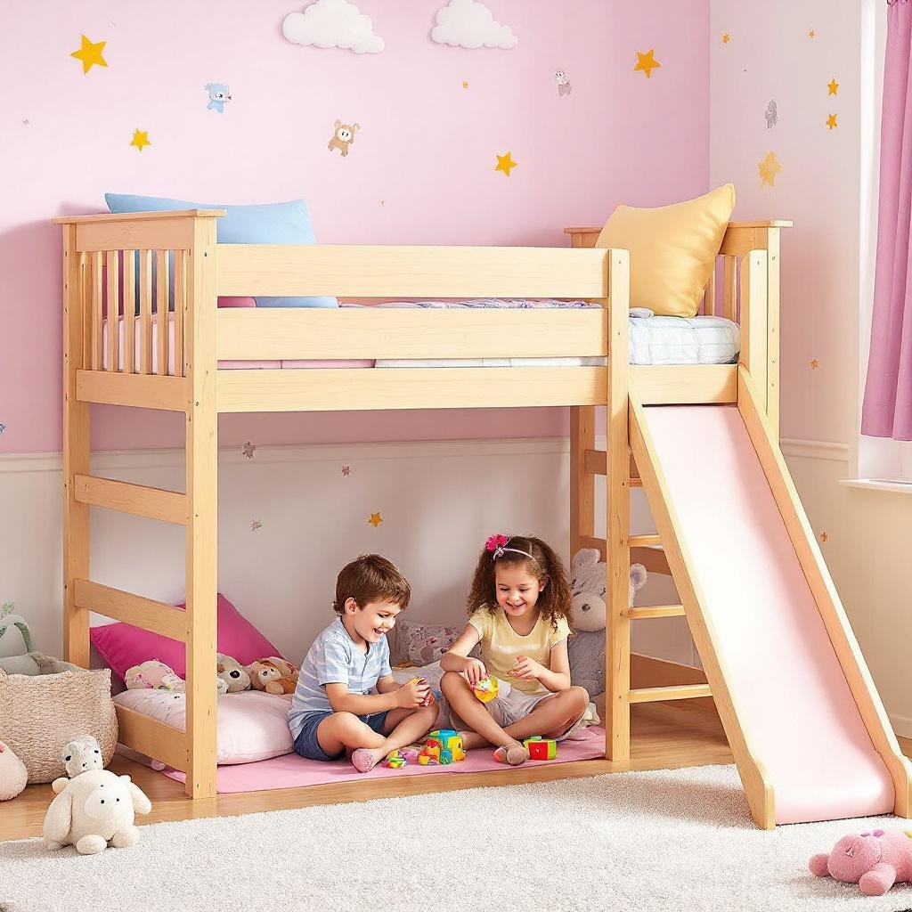 6 mẫu giường tầng màu hồng có cầu trượt đẹp cho bé gái 23 Giường tầng có cầu thang và khu vui chơi mini