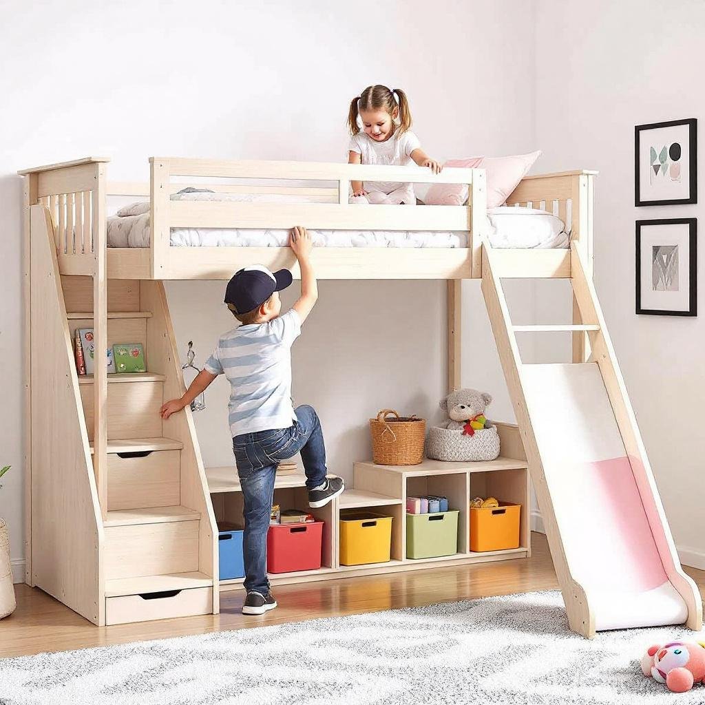6 mẫu giường tầng màu hồng có cầu trượt đẹp cho bé gái 14 Giường tầng có cầu trượt và hộc tủ tiện dụng