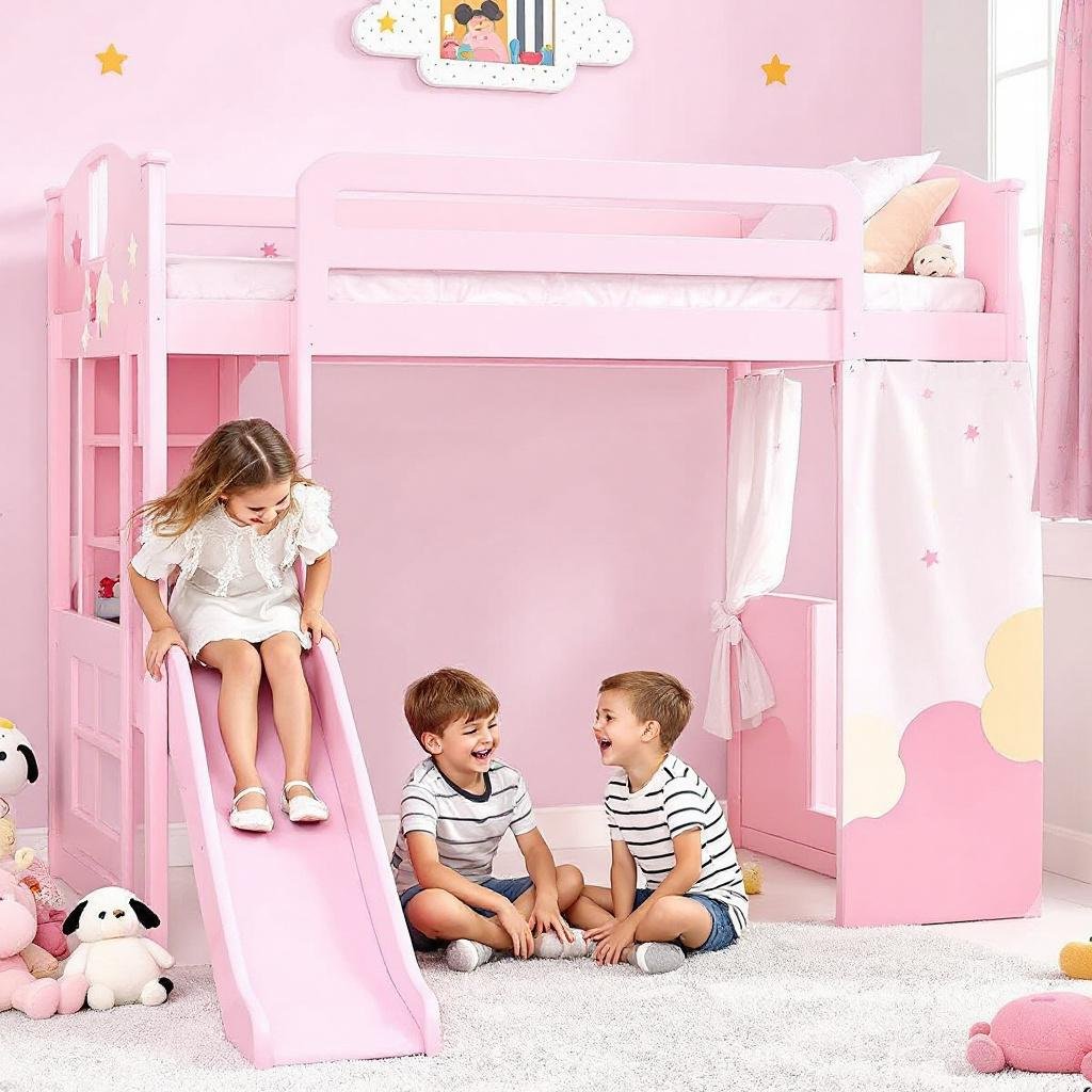 6 mẫu giường tầng màu hồng có cầu trượt đẹp cho bé gái 3 Giường tầng màu hồng pastel có cầu trượt xinh xắn, có 2 bé