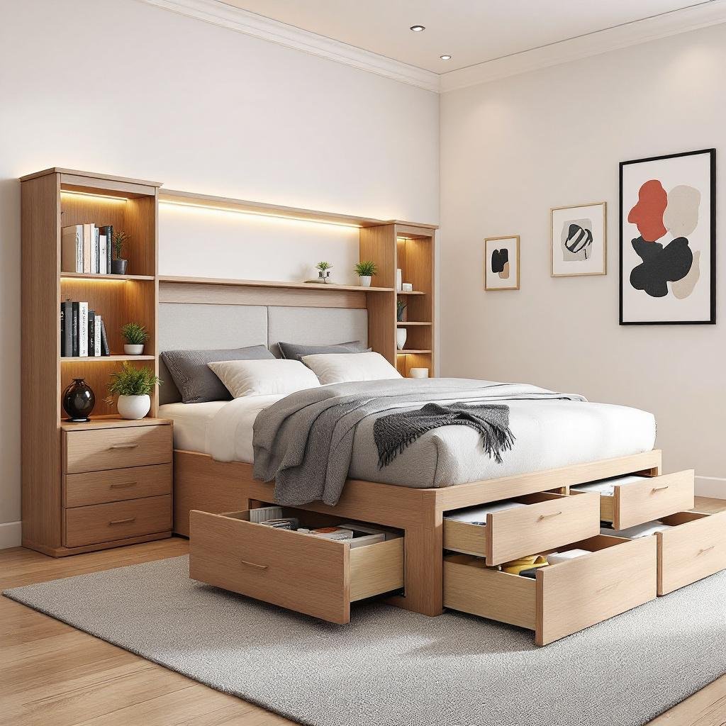 6 tiện ích nổi bật của giường ngủ thông minh tích hợp bàn làm việc 10 Mẫu giường lớn hơn, tích hợp nhiều công năng hơn như tủ sách, ngăn kéo hoặc giá đỡ.