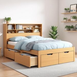 Mẫu giường lớn hơn, tích hợp nhiều công năng hơn như tủ sách, ngăn kéo hoặc giá đỡ.