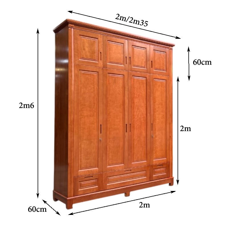 Kích thước tủ áo gỗ xoan đào 2 tầng