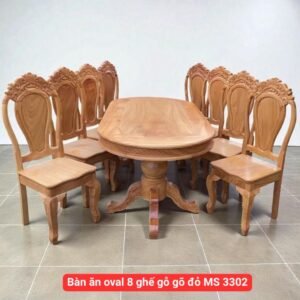 Bàn ăn oval 8 ghế gỗ gõ đỏ