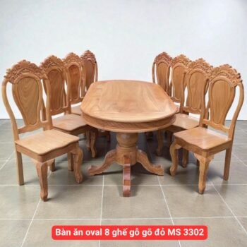 Bàn ăn oval 8 ghế gỗ gõ đỏ