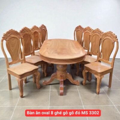 Bàn ăn oval 8 ghế gỗ gõ đỏ