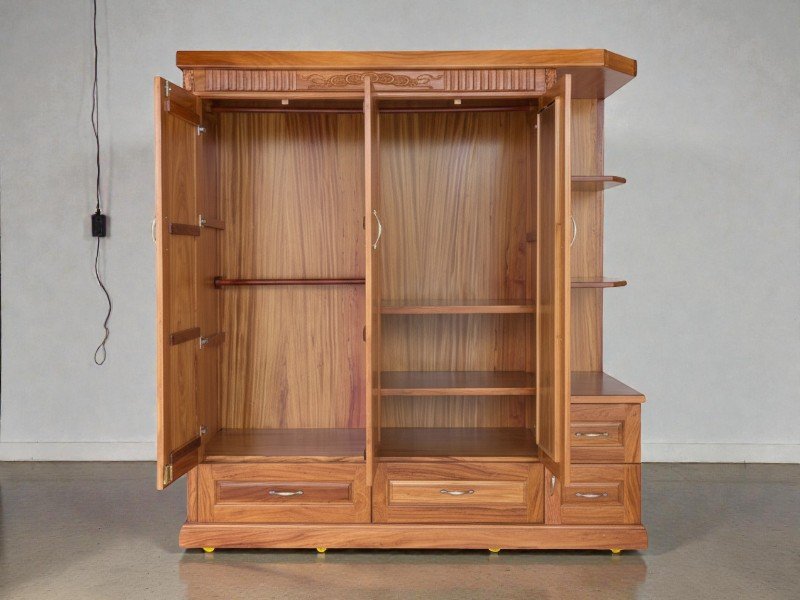 Tủ quần áo gỗ gõ đỏ có kệ trang trí MS 3303 9 Cấu tạo tủ quần áo gỗ gõ đỏ hiện đại chắc chắn