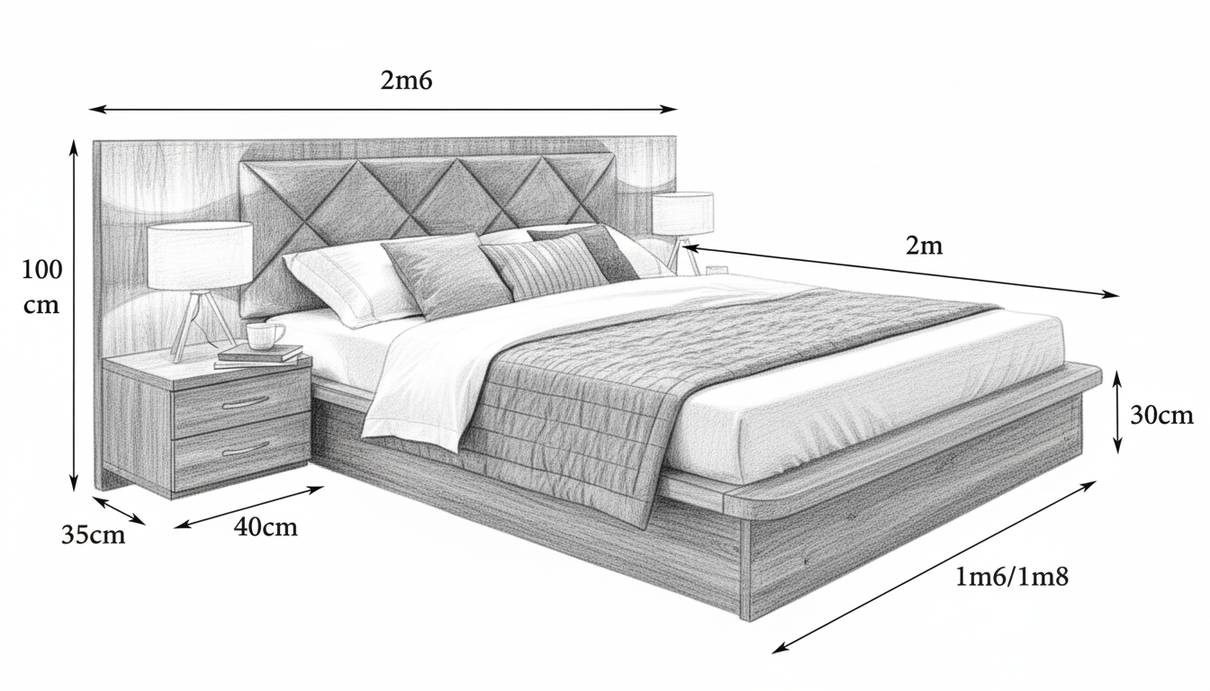 Bảng vẽ giường ngủ kiểu Nhật đầu giường rộng vân gỗ tự nhiên