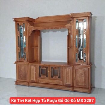 Kệ tivi kết hợp tủ rượu gỗ gõ đỏ