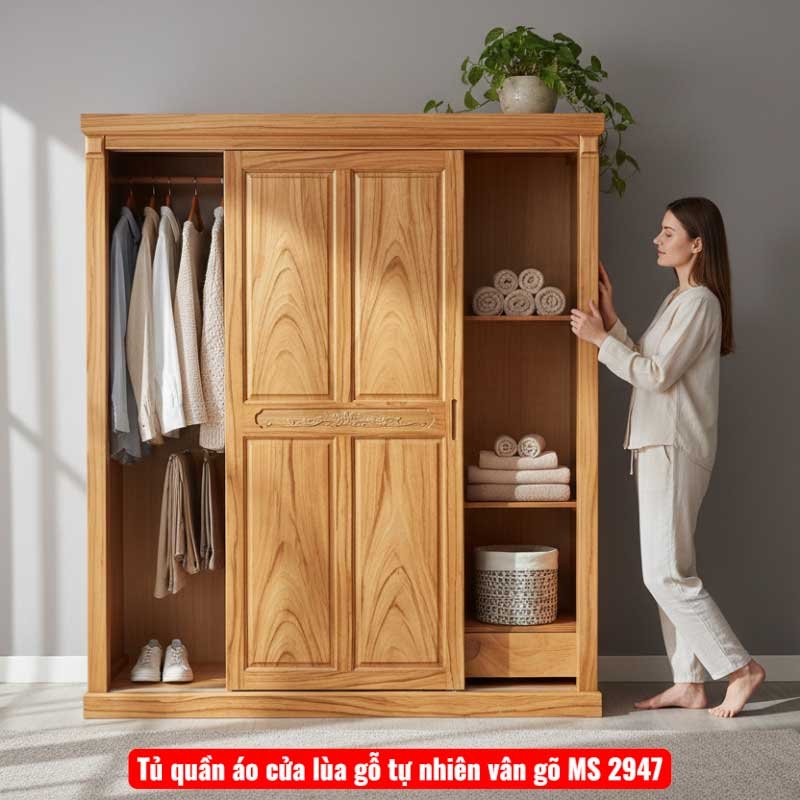 Tủ quần áo cửa lùa gỗ tự nhiên vân gõ MS 2947 Tủ quần áo cửa lùa gỗ tự nhiên vân gõ MS 2947