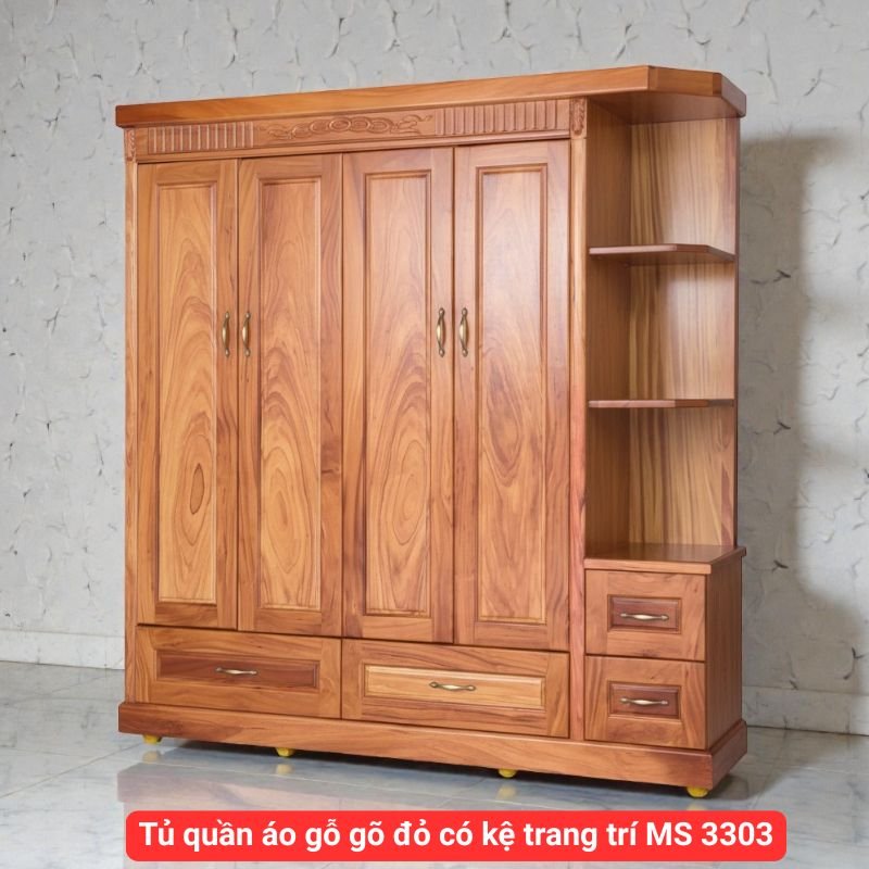 Tủ quần áo gỗ gõ đỏ có kệ trang trí MS 3303 1 Tủ quần áo gỗ gõ đỏ hiện đại
