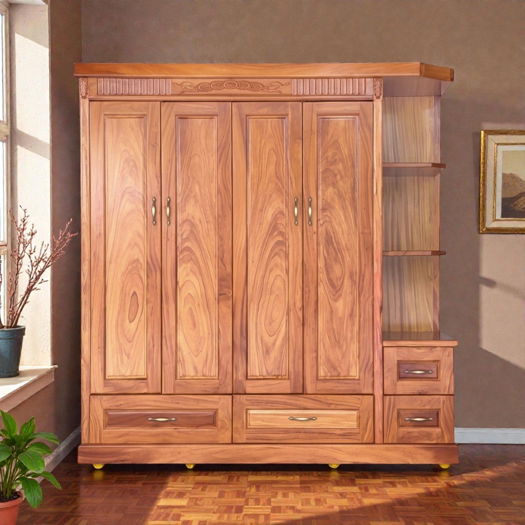 Tủ quần áo gỗ gõ đỏ có kệ trang trí MS 3303 6 Tủ quần áo gỗ gõ đỏ hiện đại thiết kế sang trọng