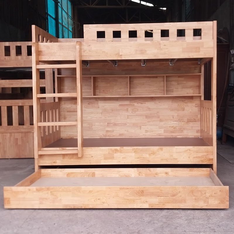 Giường tầng gỗ tự nhiên MS 3296 8 Giường tầng gỗ tự nhiên 1m thiết kế an toàn có hộc kéo