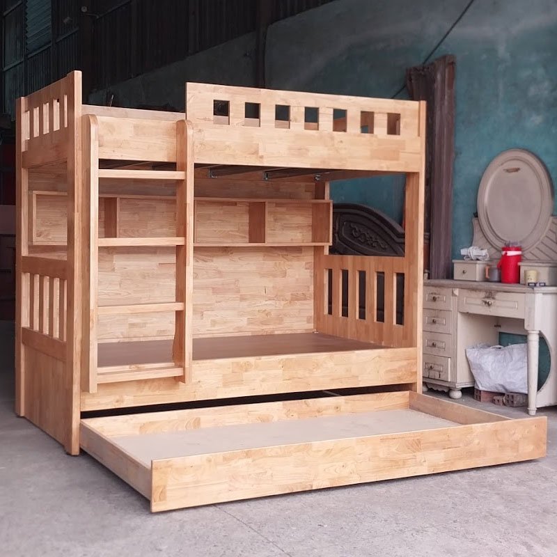 Giường tầng gỗ tự nhiên MS 3296 7 Giường tầng gỗ tự nhiên gỗ cao su màu trắng hồng cho bé