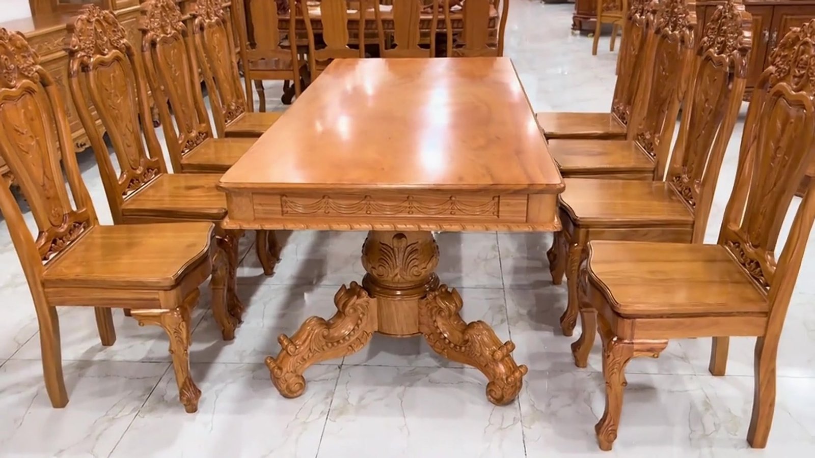 Bộ bàn ăn gỗ gõ đỏ mặt liền nguyên tấm 3 phân MS 3340 10 Mặt bàn nguyên tấm bộ bàn ăn 8 ghế gỗ gõ đỏ tự nhiên