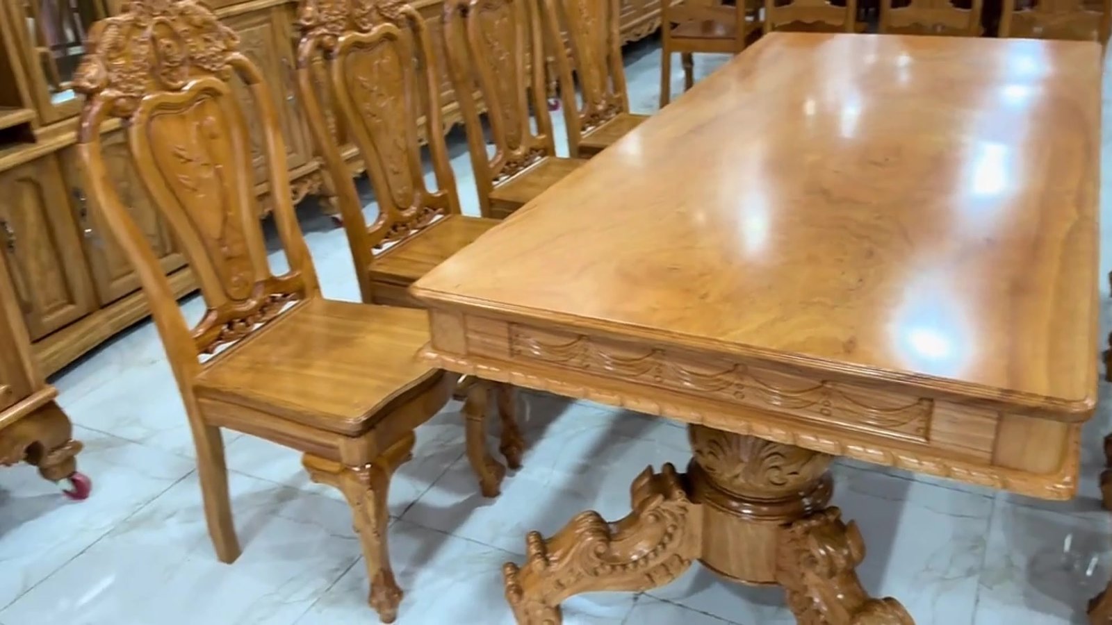 Bộ bàn ăn gỗ gõ đỏ mặt liền nguyên tấm 3 phân MS 3340 9 Bộ bàn ăn 8 ghế gỗ gõ đỏ mặt liền nguyên tấm cao cấp