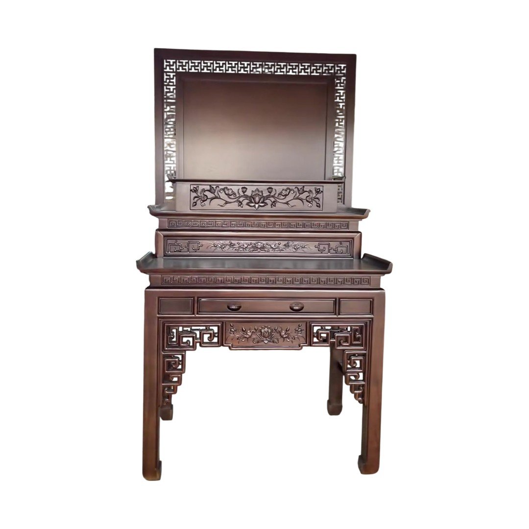 Bàn thờ gỗ 3 tầng sơn màu óc chó chuẩn phong thủy