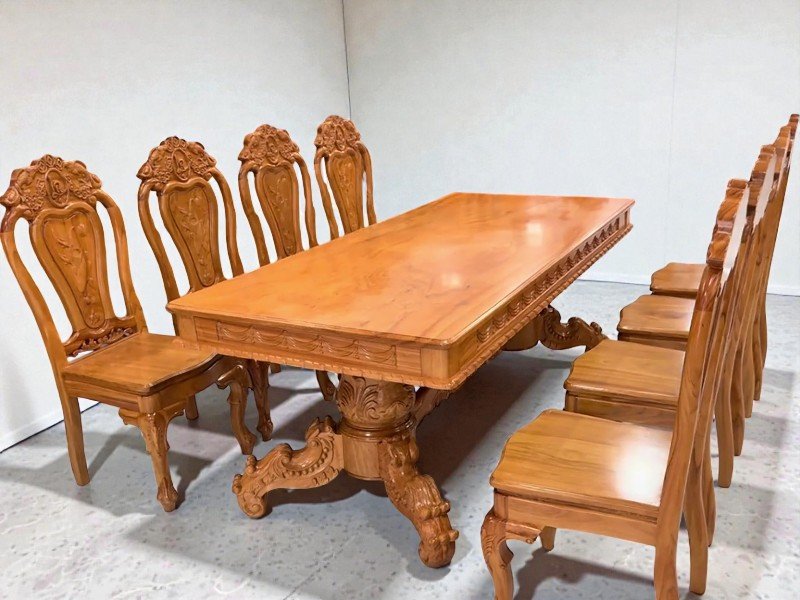 Bộ bàn ăn gỗ gõ đỏ mặt liền nguyên tấm 3 phân MS 3340 6 Bộ bàn ăn 8 ghế gỗ gõ đỏ