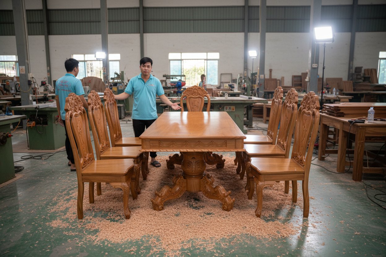 Bộ bàn ăn gỗ gõ đỏ mặt liền nguyên tấm 3 phân MS 3340 11 Bộ bàn ăn 8 ghế gỗ tự nhiên