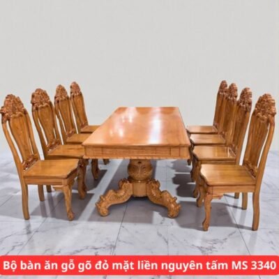 Bộ bàn ăn gỗ gõ đỏ mặt liền nguyên tấm 3 phân MS 3340