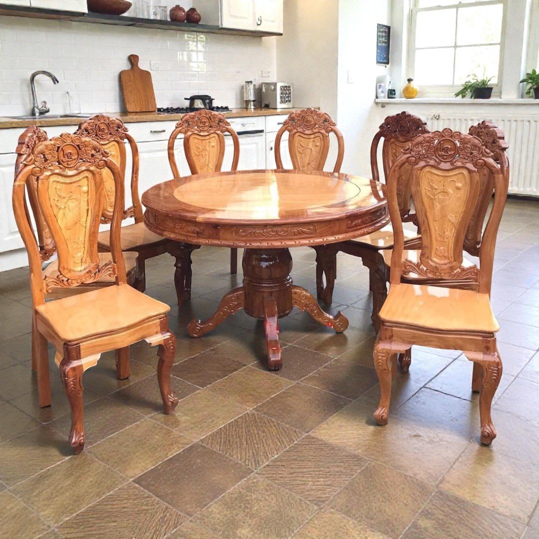 Bộ bàn ăn 8 ghế gỗ tự nhiên cao cấp MS 3363 7 Bộ bàn ăn tròn 8 ghế gỗ căm xe gõ đỏ chất lượng cao